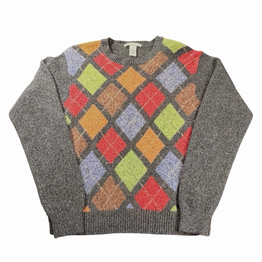Geoffrey Beene Mens XL 100% Lambs Wool Argyle Crewneck Sweater Gray Multi-Color